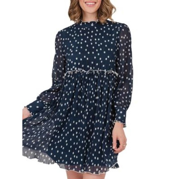 Daniel Rainn Womens Dress Size Large Blue Polka Dots Long Sleeves Mini Lined - Picture 1 of 14